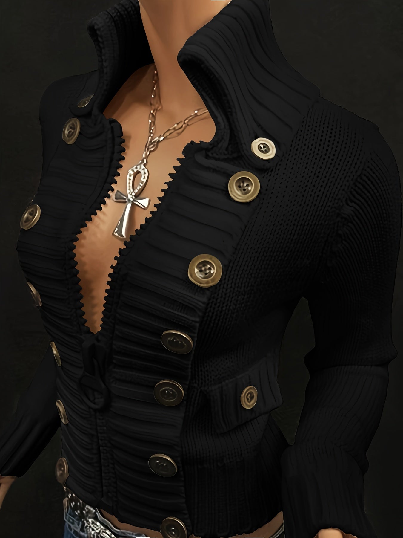 Slim Fit Cropped Cardigan with Statement Zipper & Decorative Buttons