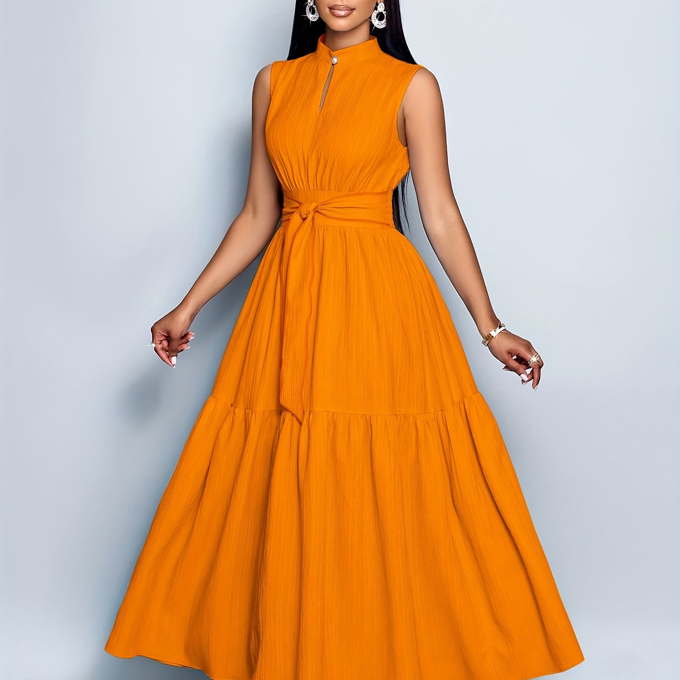 Textured Belted Summer Dress – Ruffled Hem & Lightweight Sleeveless Fit