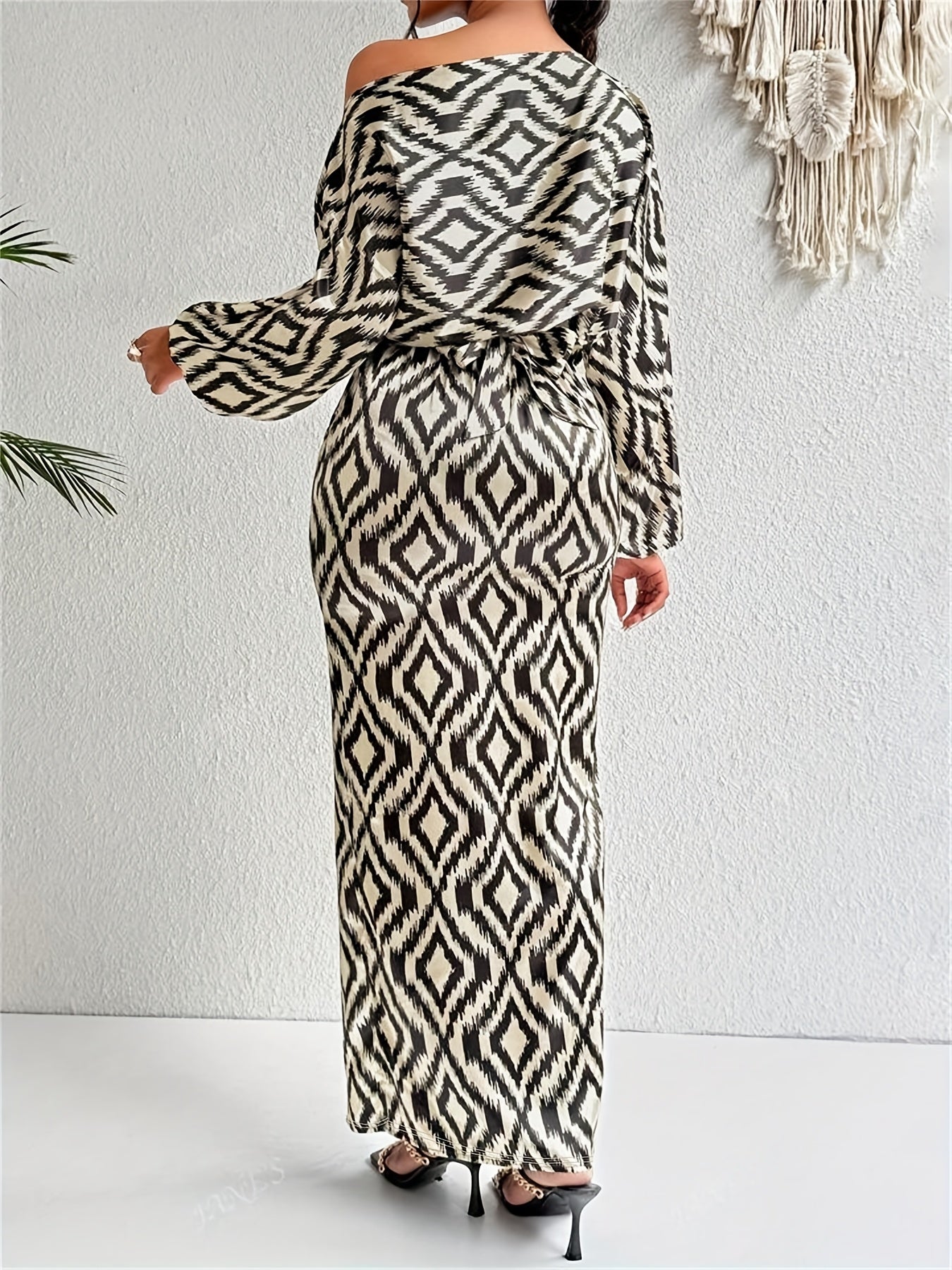 Off-Shoulder Black Printed Tie-Front Slit Long Dress