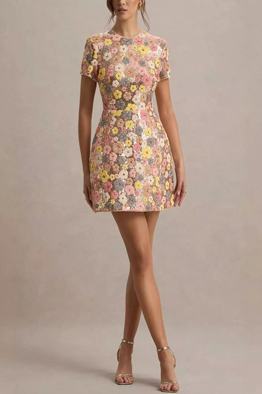 Floral sequin short sleeve mini dress by Trendsi with colorful sequins and a fitted silhouette, perfect for festive occasions.