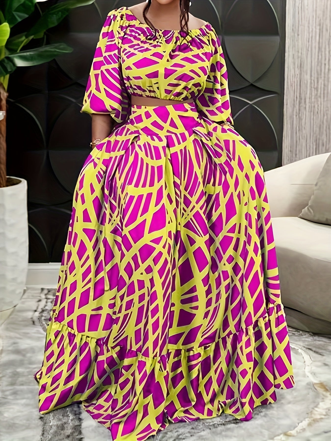 Chic Crop Geometric Print Off Shoulder Top & Skirt Set