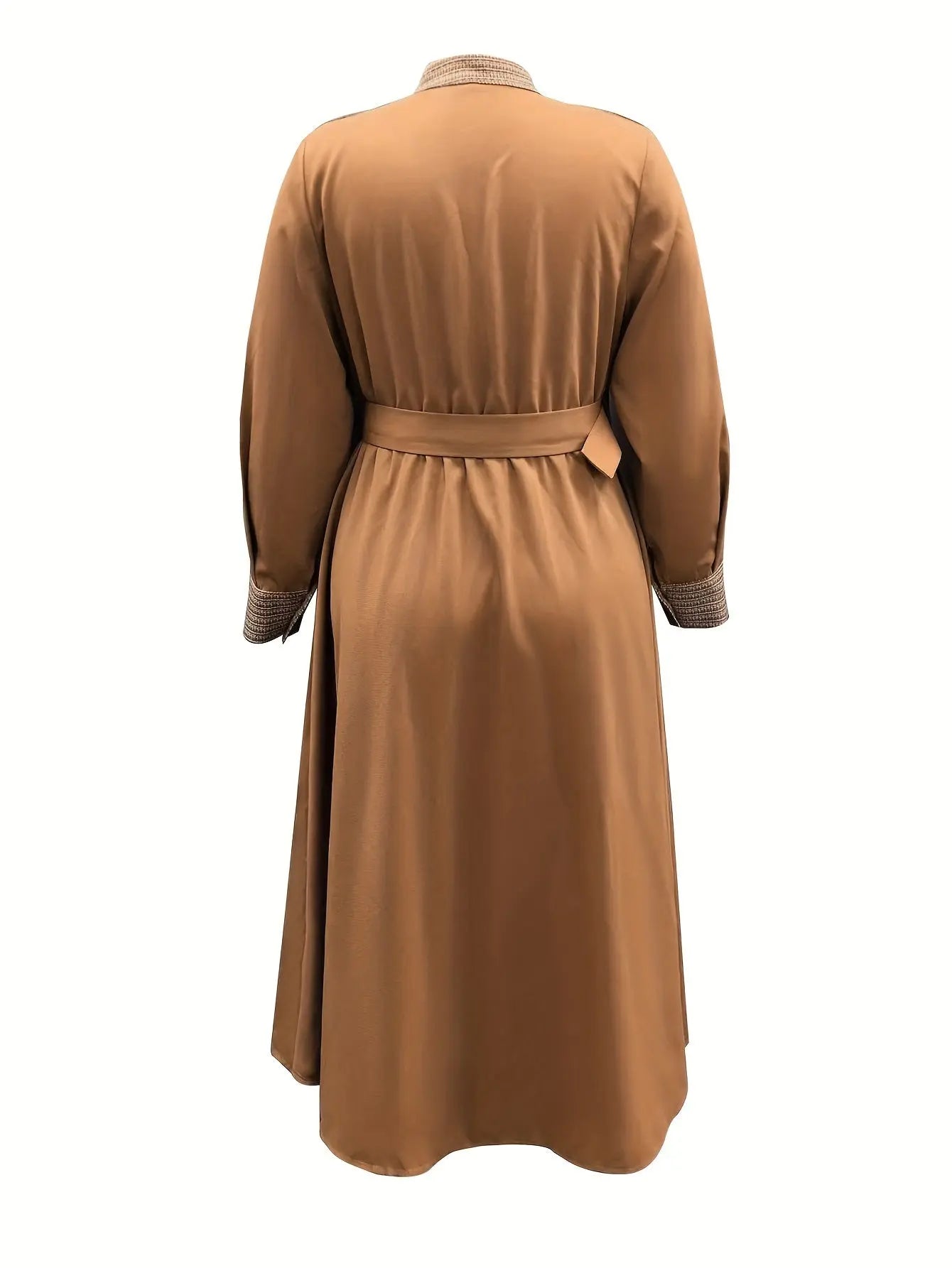 Plus Size Elegant Midi Dress - Solid Color Splicing, Long Sleeve, Mock Neck, Belted, Epaulets, Flattering Silhouette, Comfortable fit. Toshe Women's Fashions