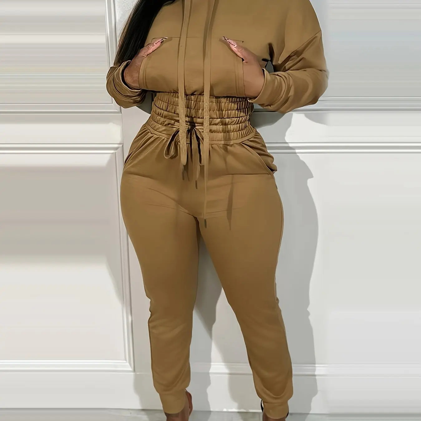 Hooded Crop Top and Shirred Waist Cuffed Jogger Set Toshe Women's Fashions