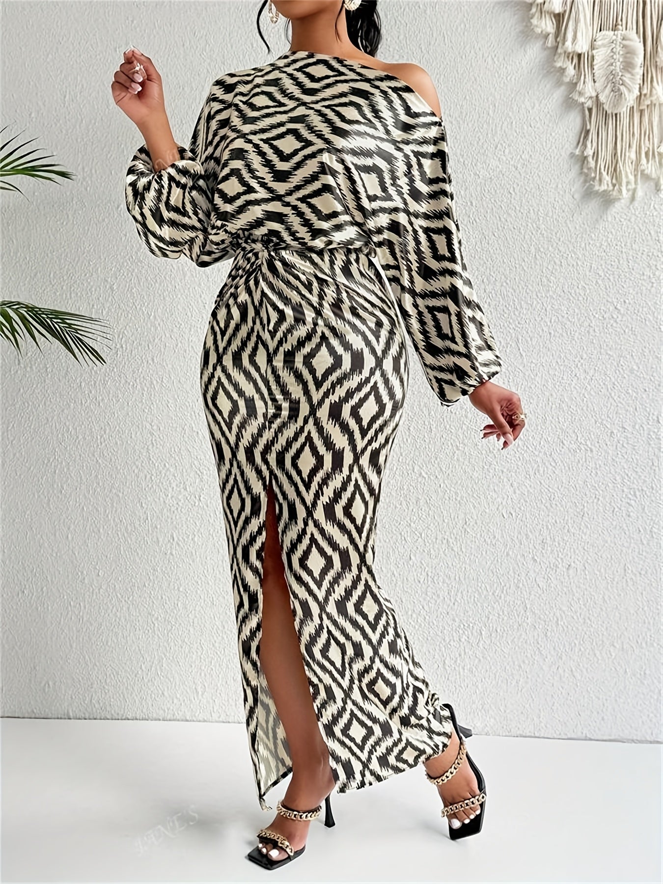 Off-Shoulder Black Printed Tie-Front Slit Long Dress