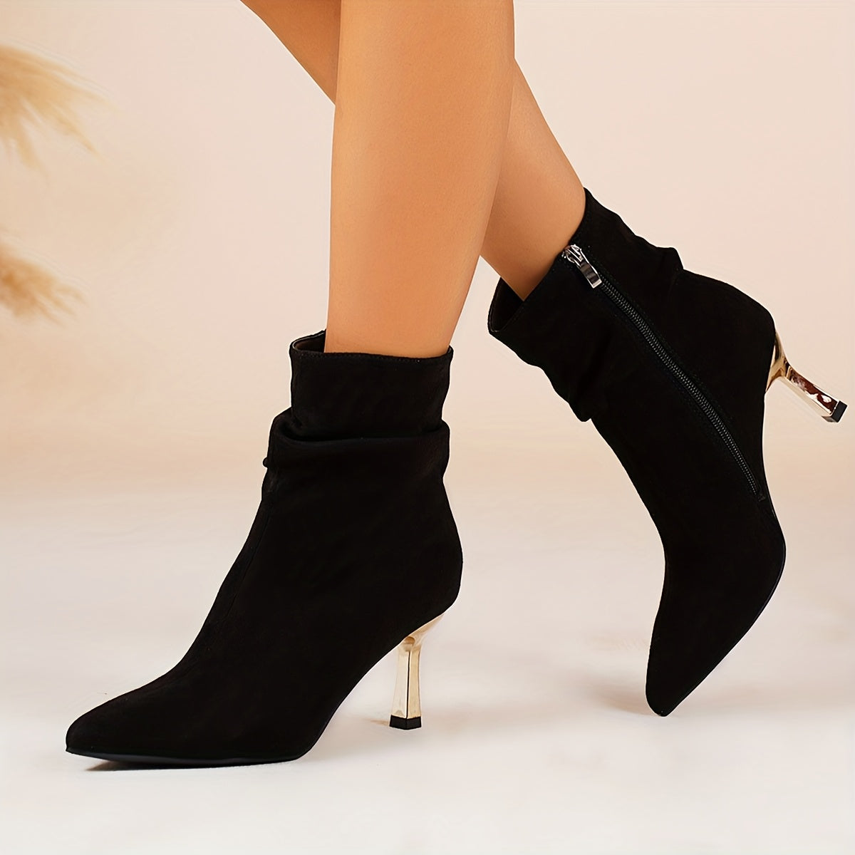 Faux Suede Stiletto Gold Heel Ankle Boots
