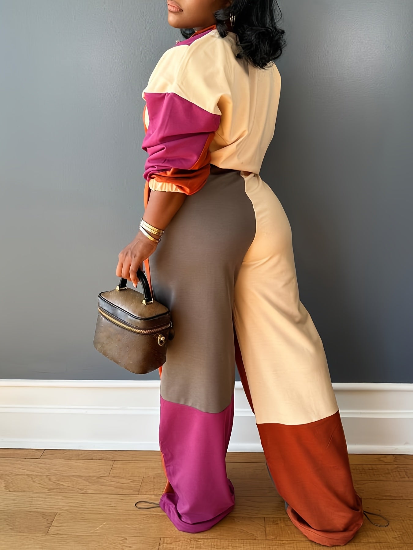 Color Block Cropped Zip Hoodie & High Waist Pants Set