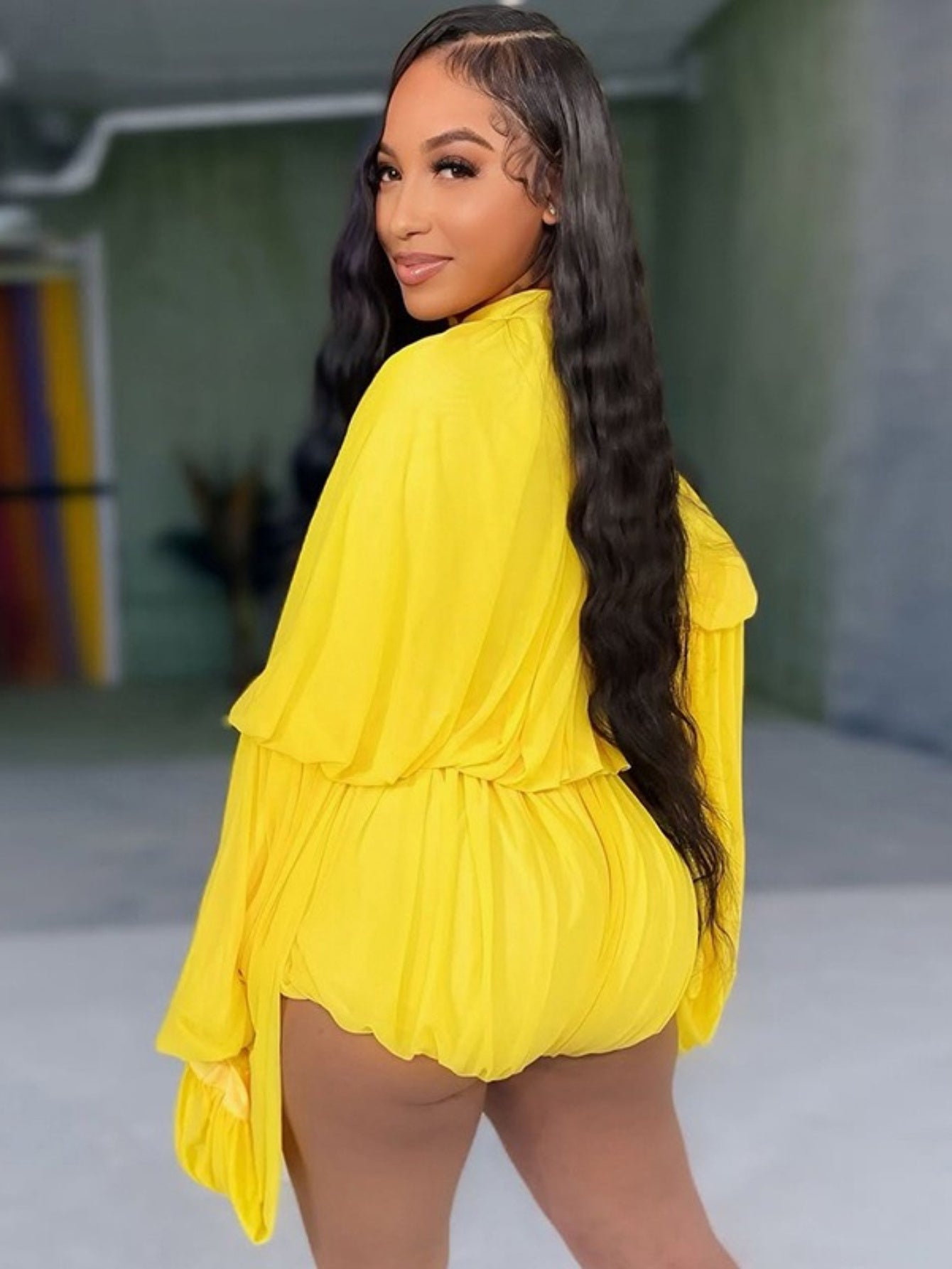 High Neck Pleated Romper with Pockets