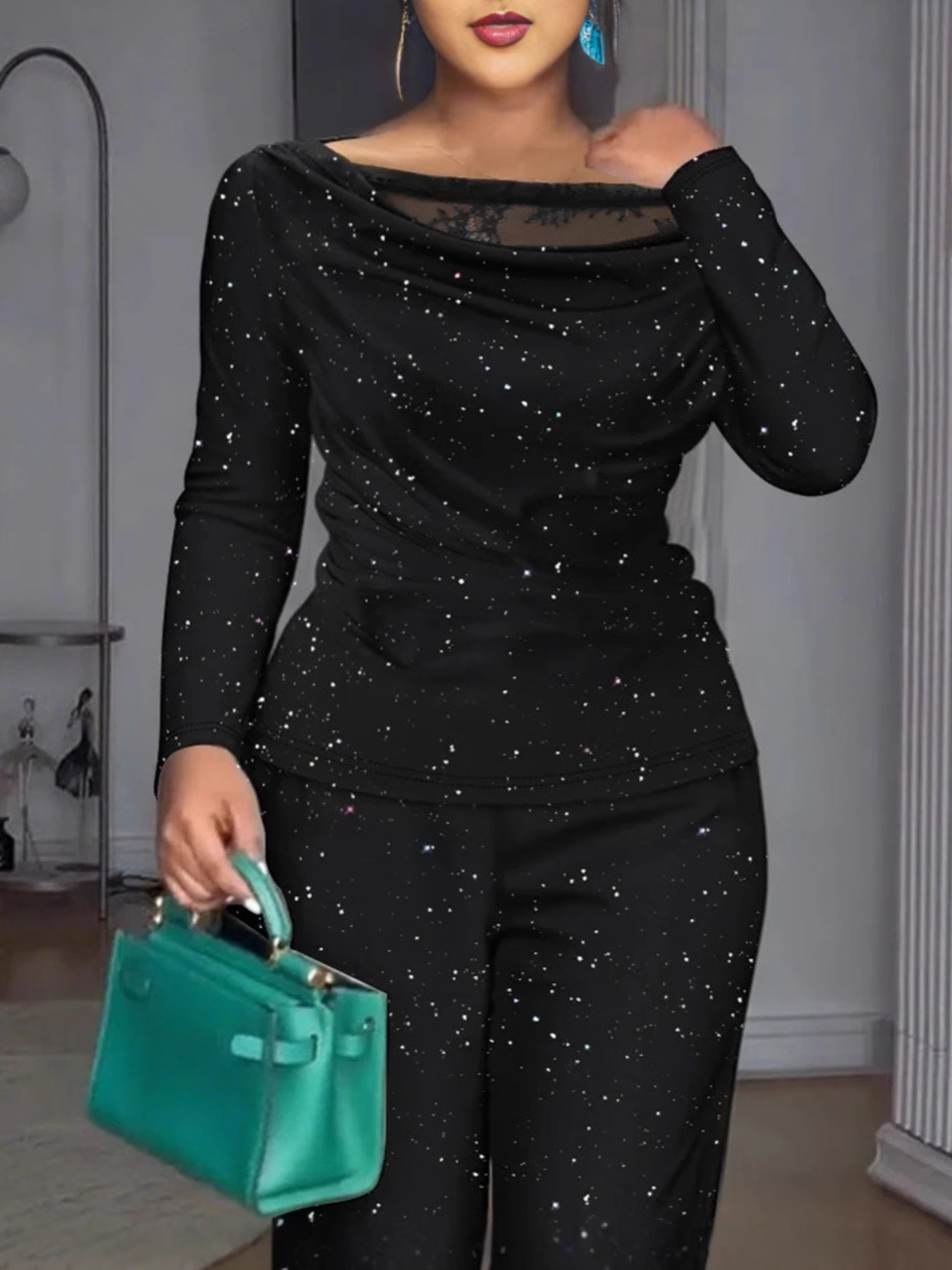 Black glitter evening top and matching pants set from Trendsi, featuring a stylish, shimmering fabric for a glamorous look.