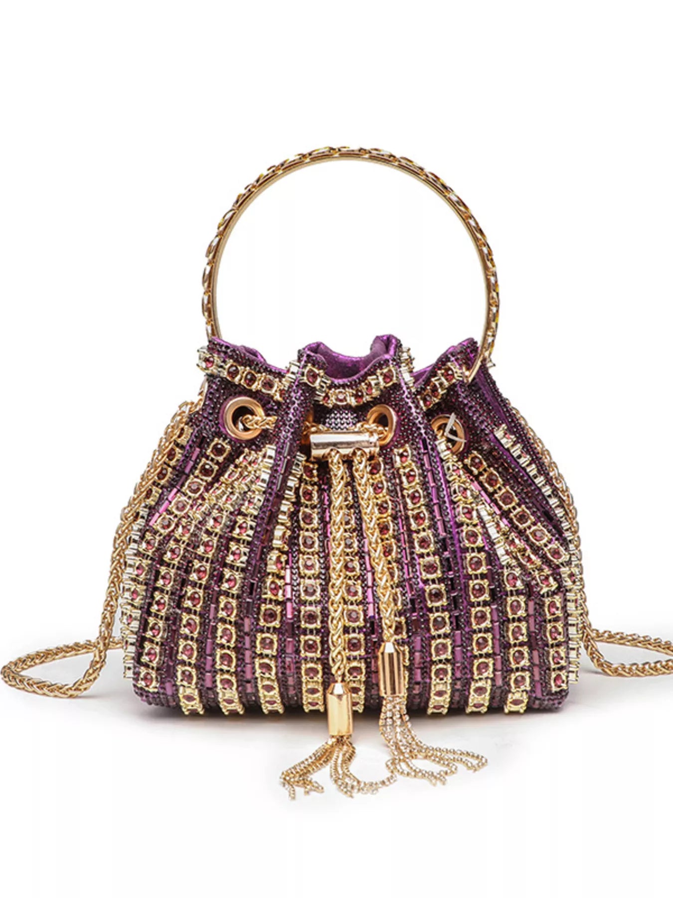 Rhinestone embellished bucket crossbody handbag with chain strap and trendy design, perfect for stylish outings.