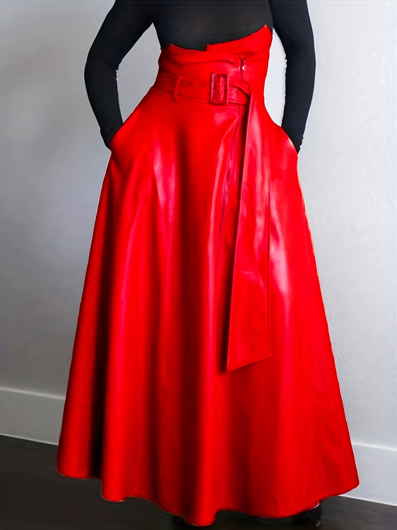 Vibrant High-Waisted Belted Faux Leather Skirt with Side Zipper Pockets