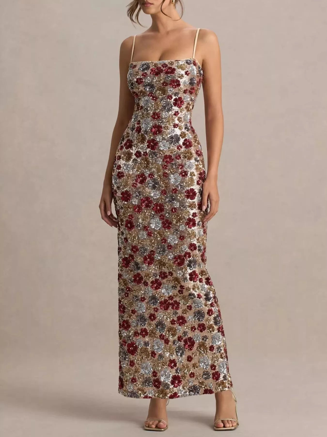 Floral sequin slit bodycon maxi dress for after 5 occasions, featuring a fitted silhouette and elegant design.