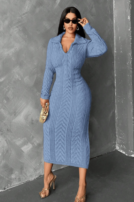 Blue Ribbed Sweater Dress – V-Neck, Collared, Long Sleeve Knit Dress for Women