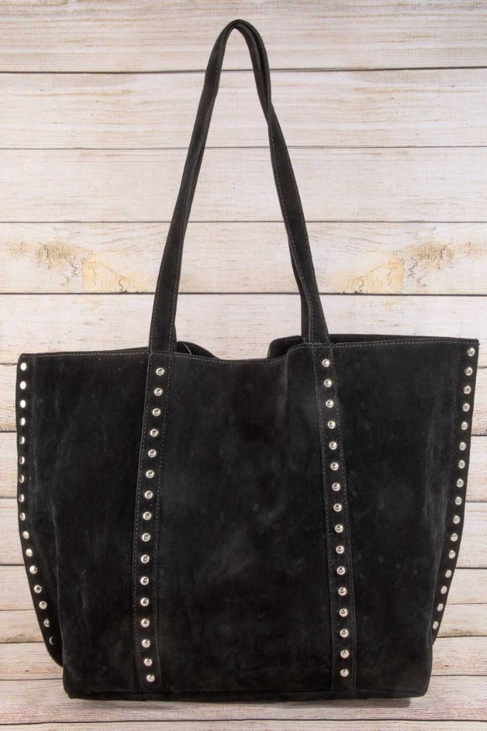 Large Toshe Women's Fashions tote bag with studded trim, featuring a spacious handbag design and stylish detailing.