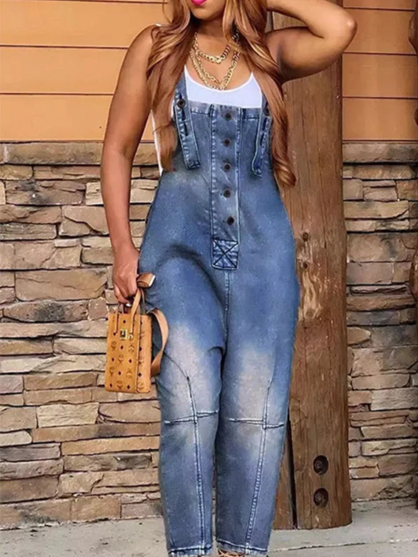 Trendsi denim button front overalls with multiple front and side pockets, casual style, made of classic blue denim fabric.