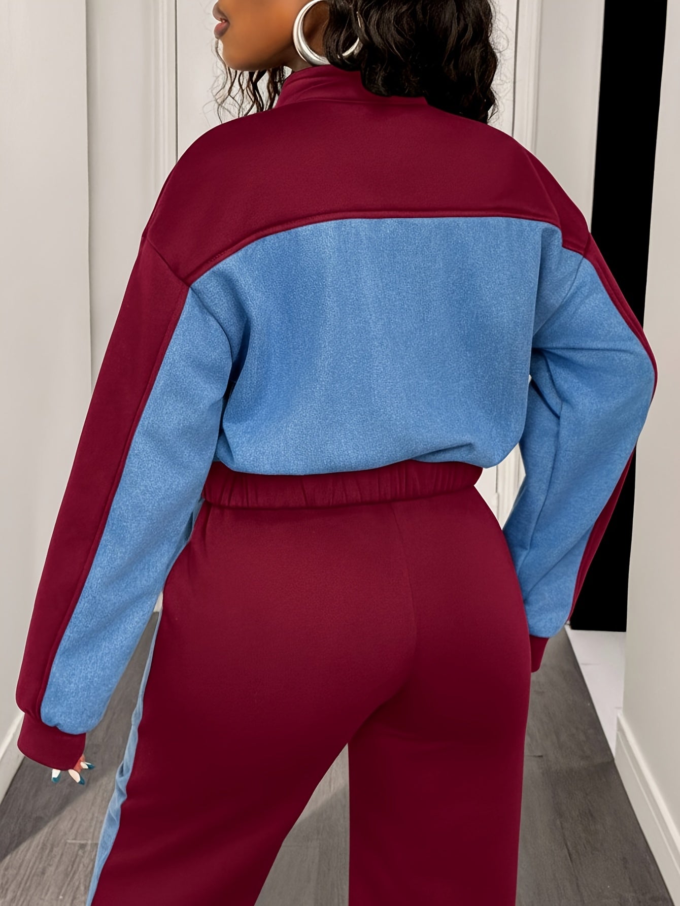 Color Block Zip Up Jacket & Wide Leg Pants Set