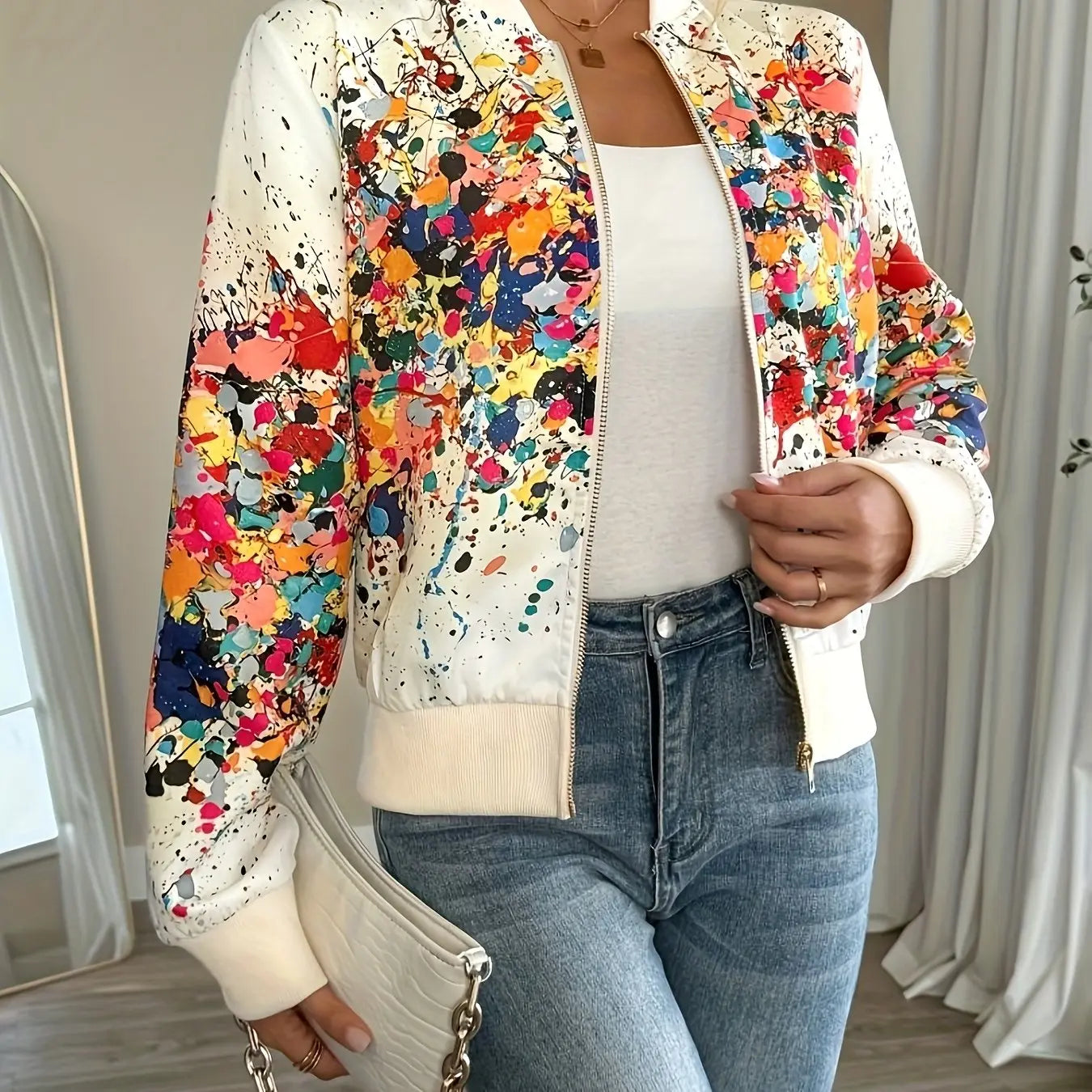 Splash Paint Print Zipper Jacket Toshe Women's Fashions