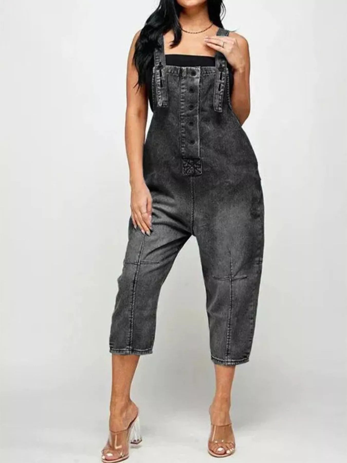 Trendsi denim button front overalls with functional pockets, casual and stylish, shown on a model with a relaxed fit.