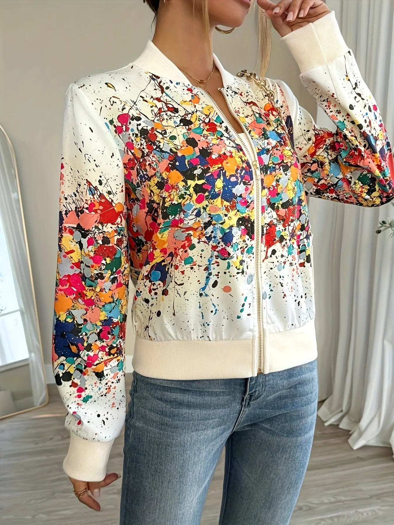 Splash Paint Print Zipper Jacket Toshe Women's Fashions