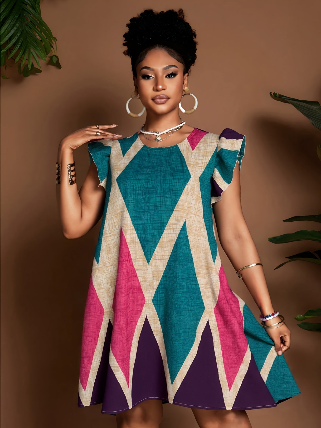 Geometric Ruffle Sleeve A-Line Mini Dress – Bold, Flowy & Flirty