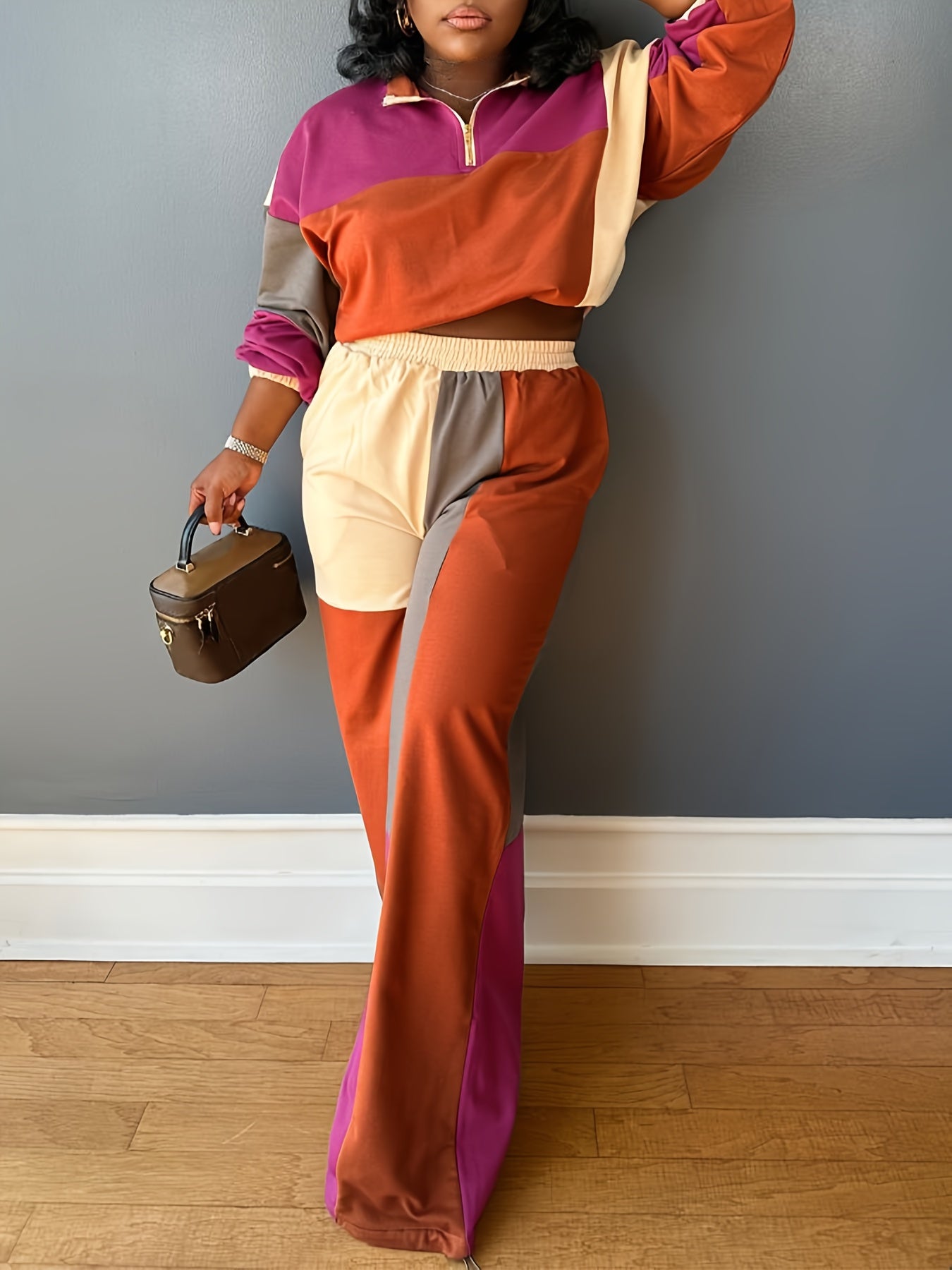 Color Block Cropped Zip Hoodie & High Waist Pants Set