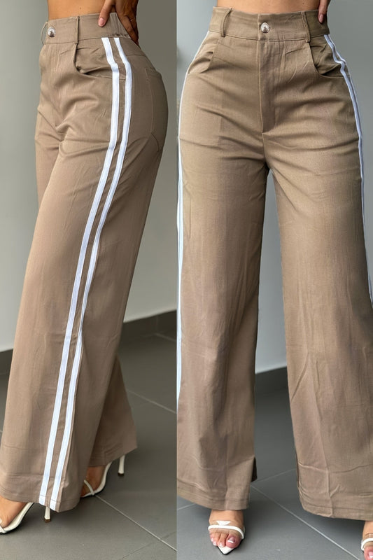 White Piping Stripe Wide-Leg Trousers