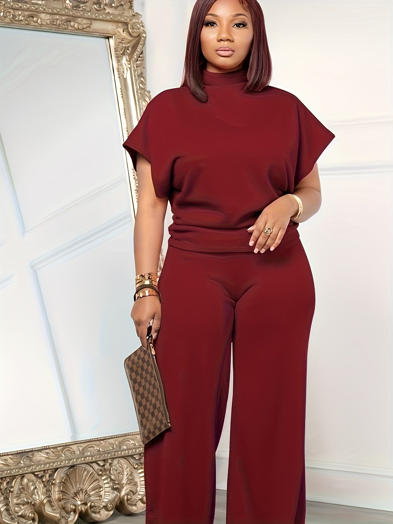 Red Two-Piece Set – High Neck Cap Sleeve Top & Wide Leg Pants Outfit