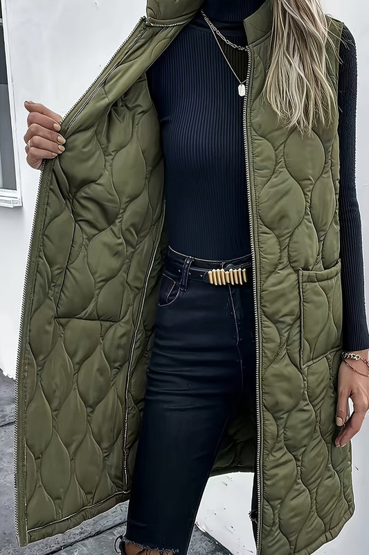 Quilted Army Green Sleeveless Zipper Vest