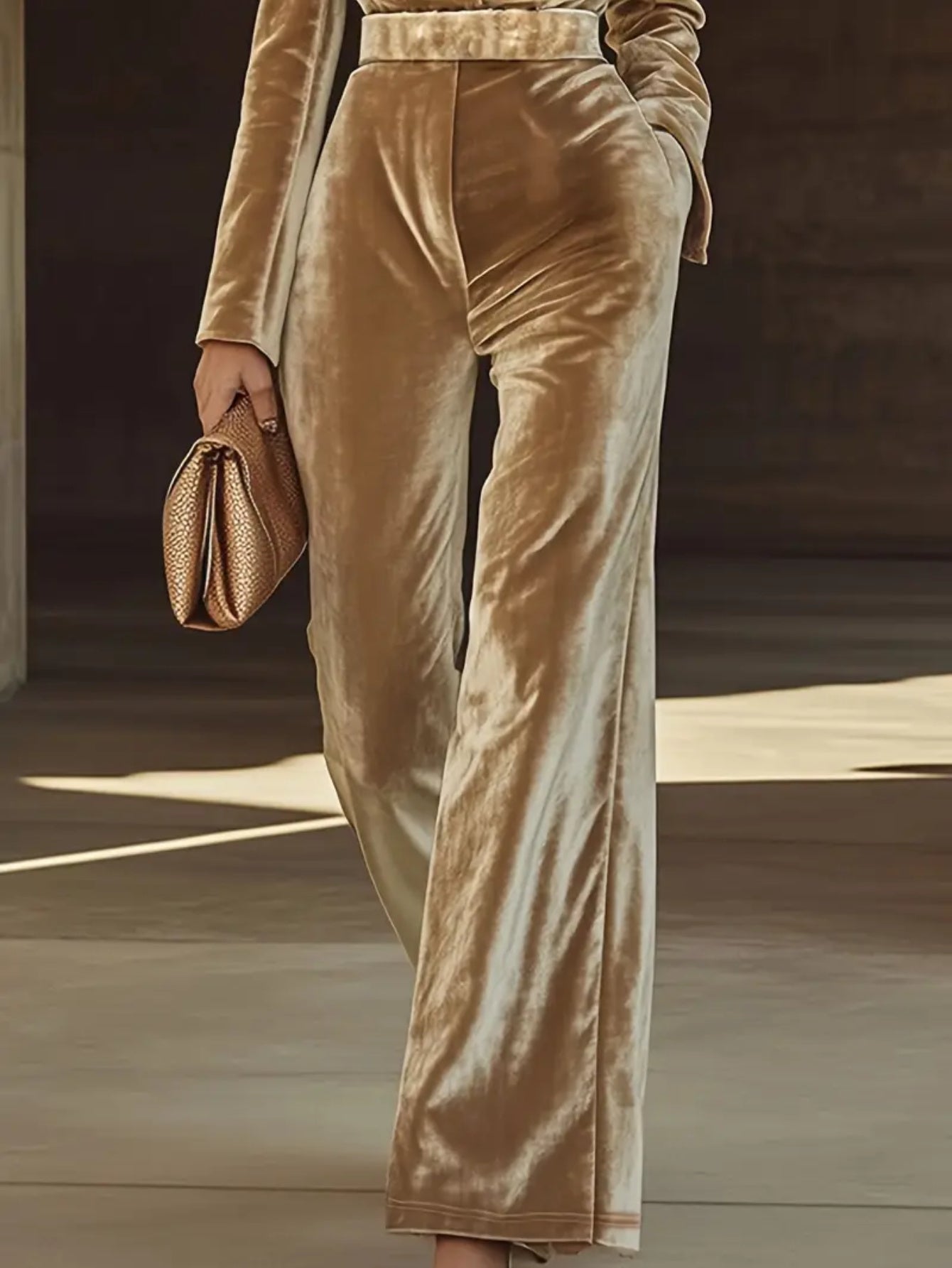 Khaki Velvet Suit Collar with a Belt Wide-leg Jumpsuit
