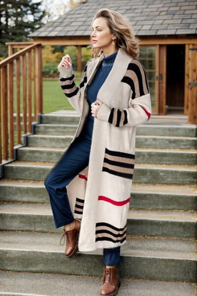 Striped Open Front Long Sleeve Longline Sweater Cardigan - Toshe Women's Fashions