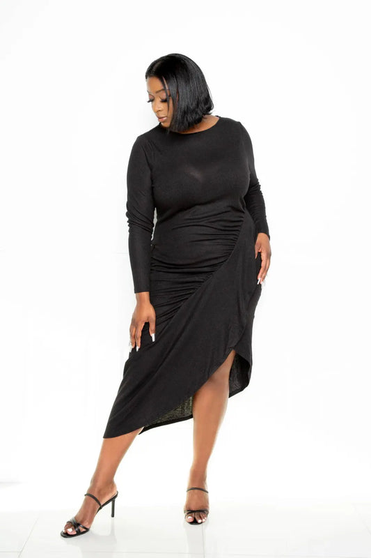 Asymmetrical Sweater Dress With Waterfall Ruffle - Toshe Women's Fashions