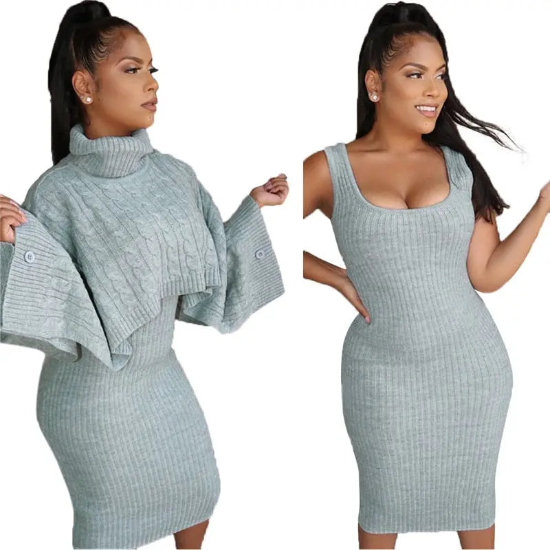 Turtleneck Cableknit Sweater Bodycon 2pc Tank Dress - Toshe Women's Fashions