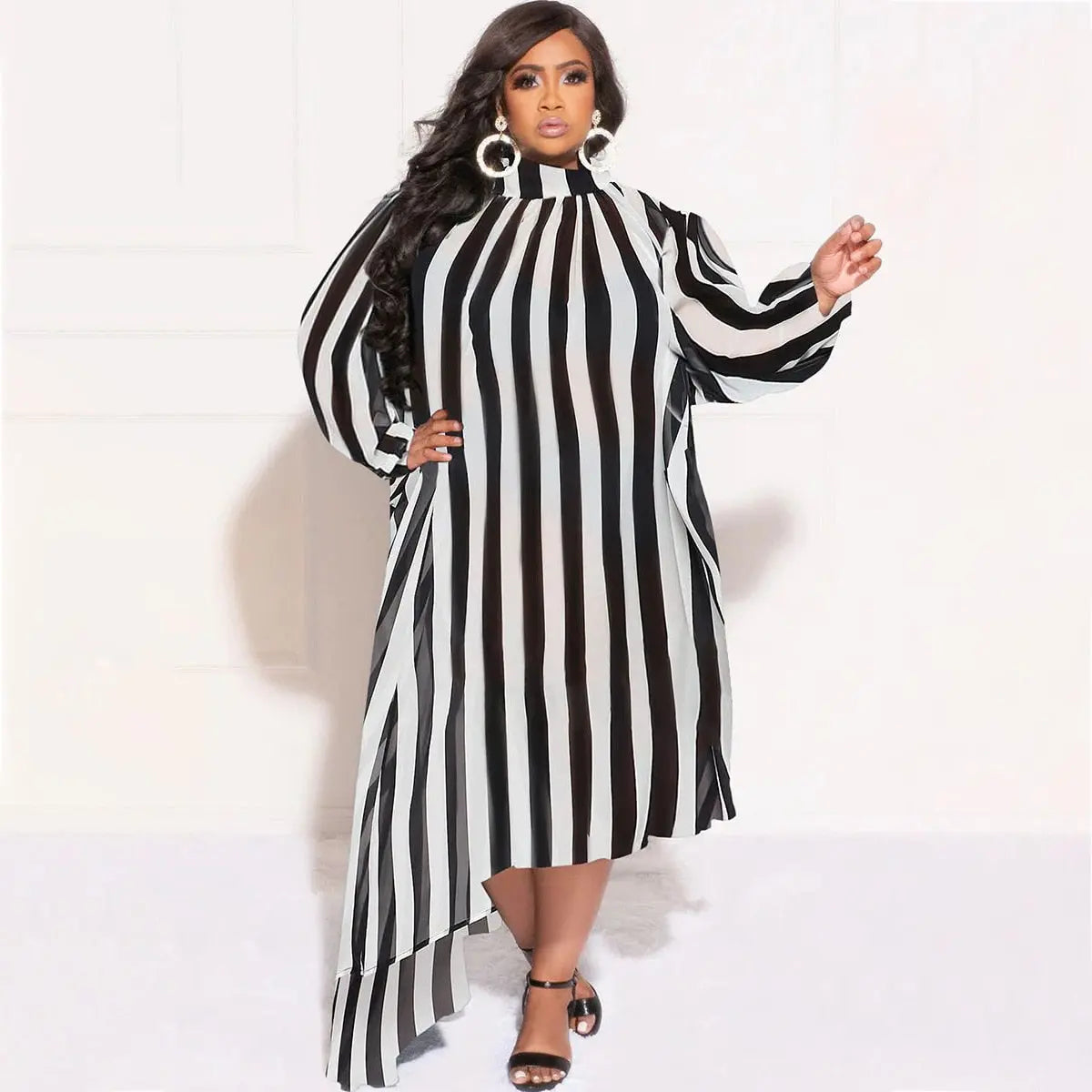 Striped Turtleneck Irregular Dress - Toshe Women's Fashions