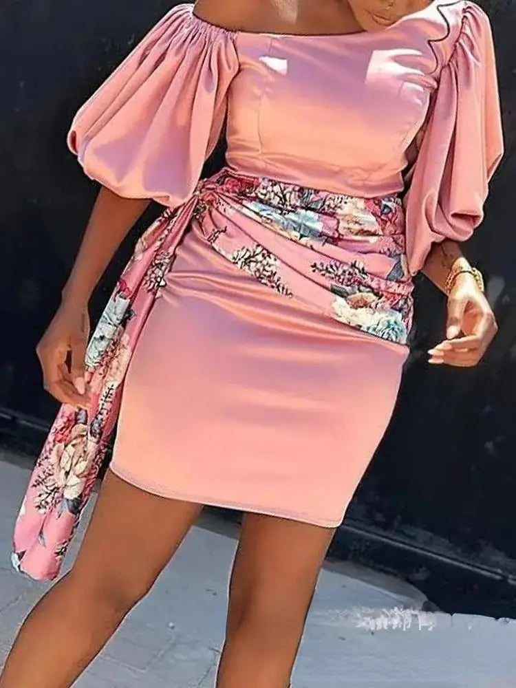 Pink Off Shoulder Floral Print Belt Mini Dress - Toshe Women's Fashions