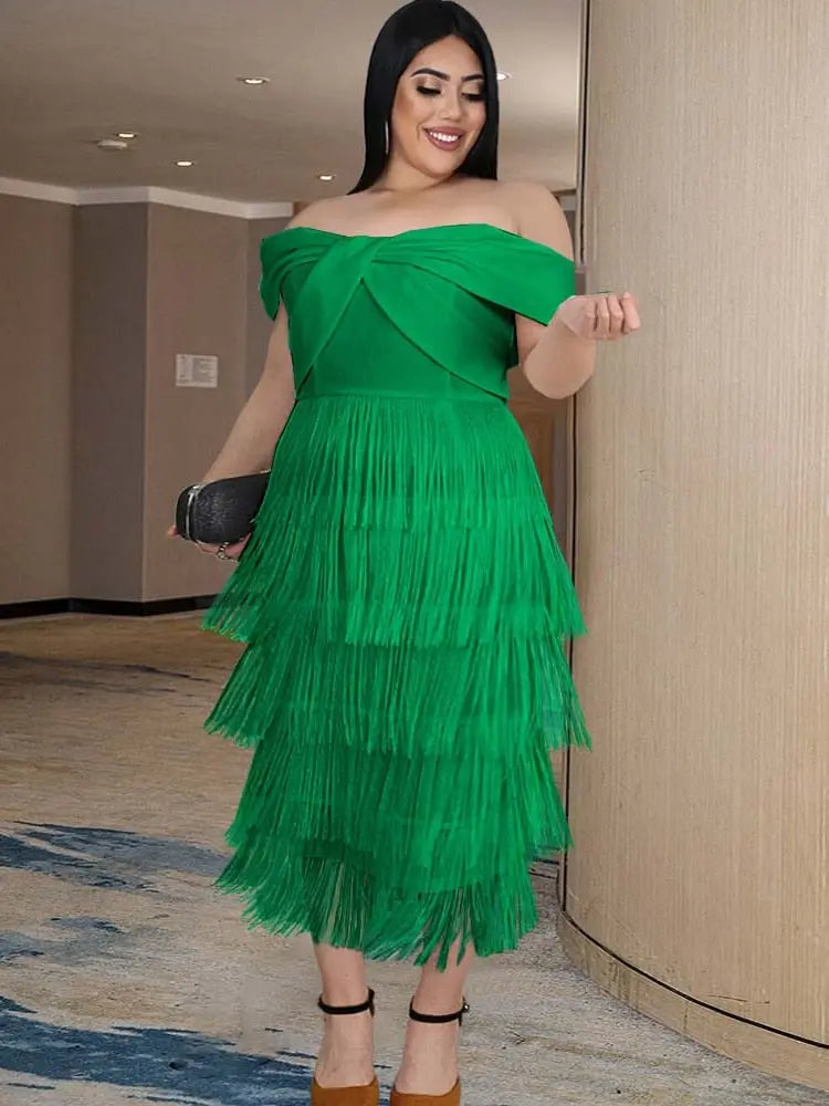 Green Fringe Strapless Off Shoulder Tassel Dress - Toshe Women's Fashions