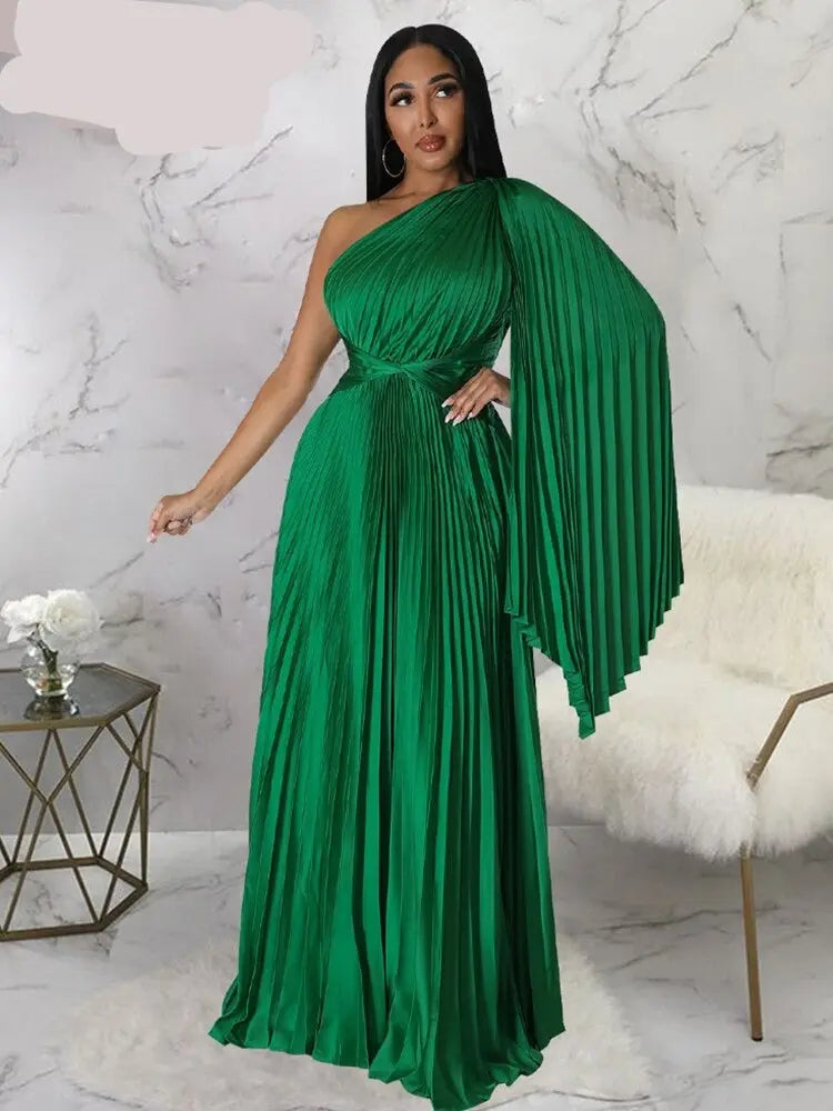 Satin One Shoulder Pleated Evening Maxi Dress - Toshe Women's Fashions