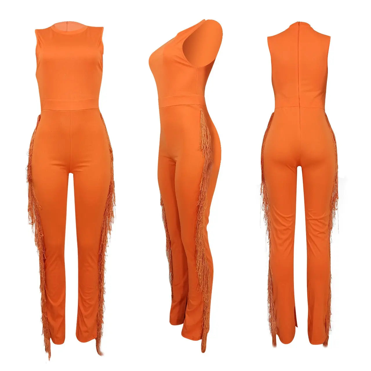 Orange Sleeveless Side Fringe Jumpsuit - Toshe Women's Fashions