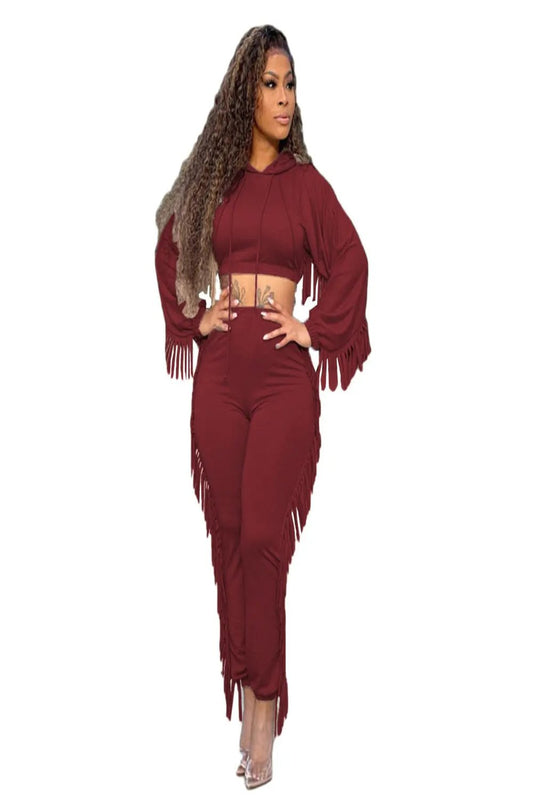 Crop Tassel Shirt and Pants Set - Toshe Women's Fashions