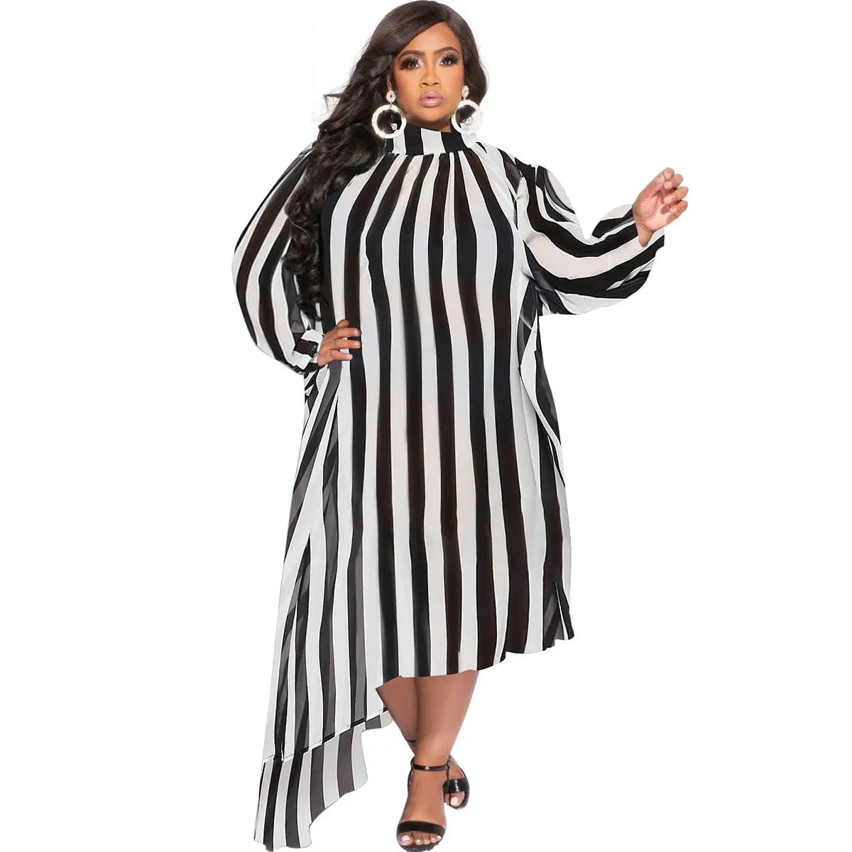 Striped Turtleneck Irregular Dress - Toshe Women's Fashions