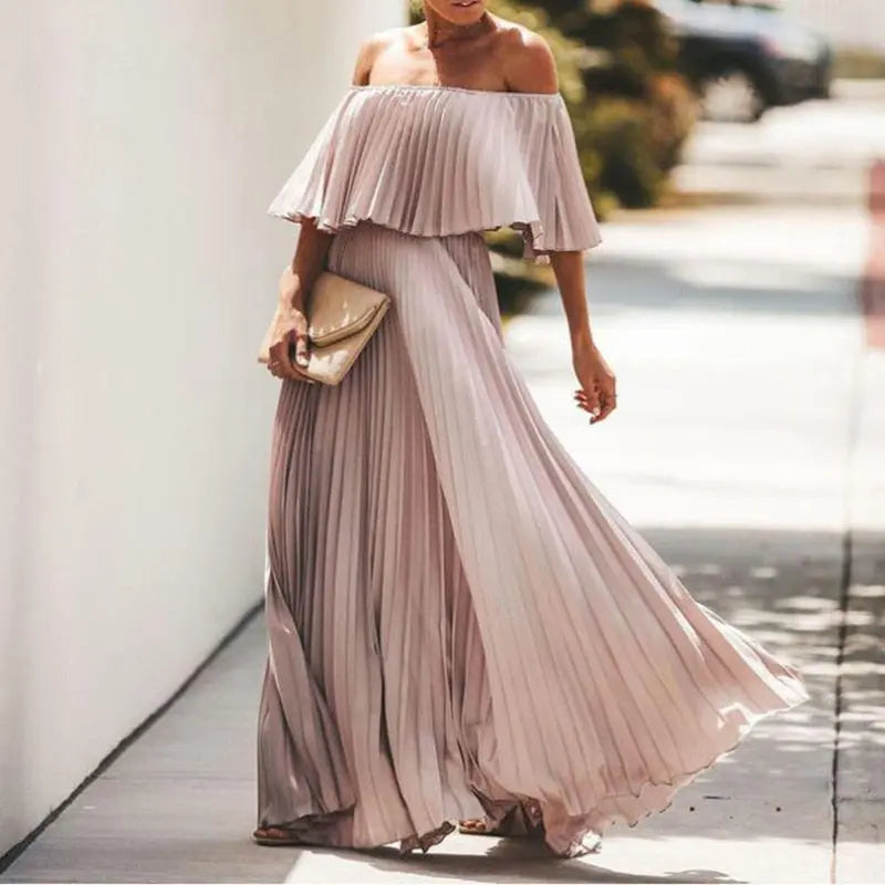 Off Shoulder Slash Pleated Maxi Dress - Toshe Women's Fashions