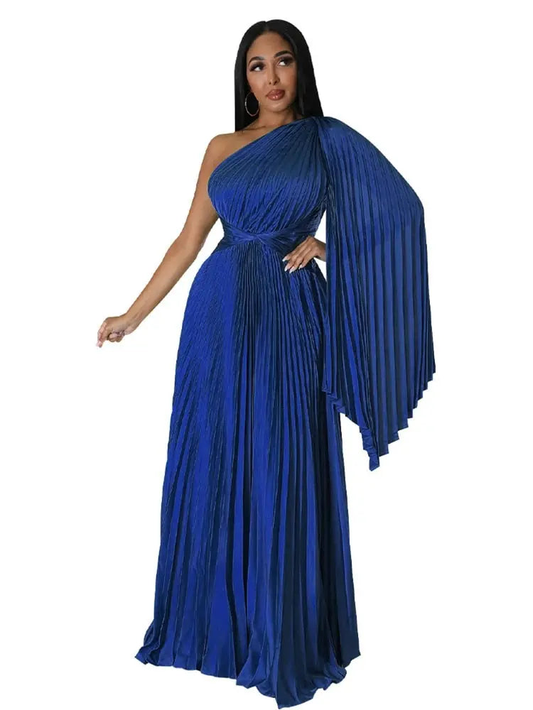 Satin One Shoulder Pleated Evening Maxi Dress - Toshe Women's Fashions