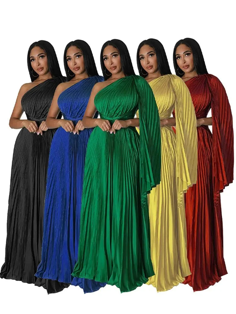 Satin One Shoulder Pleated Evening Maxi Dress - Toshe Women's Fashions