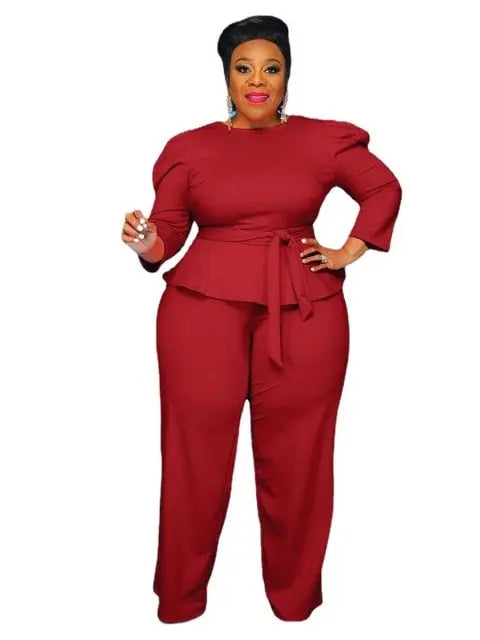 Puffy Shoulder Belted Pant Set - Toshe Women's Fashions