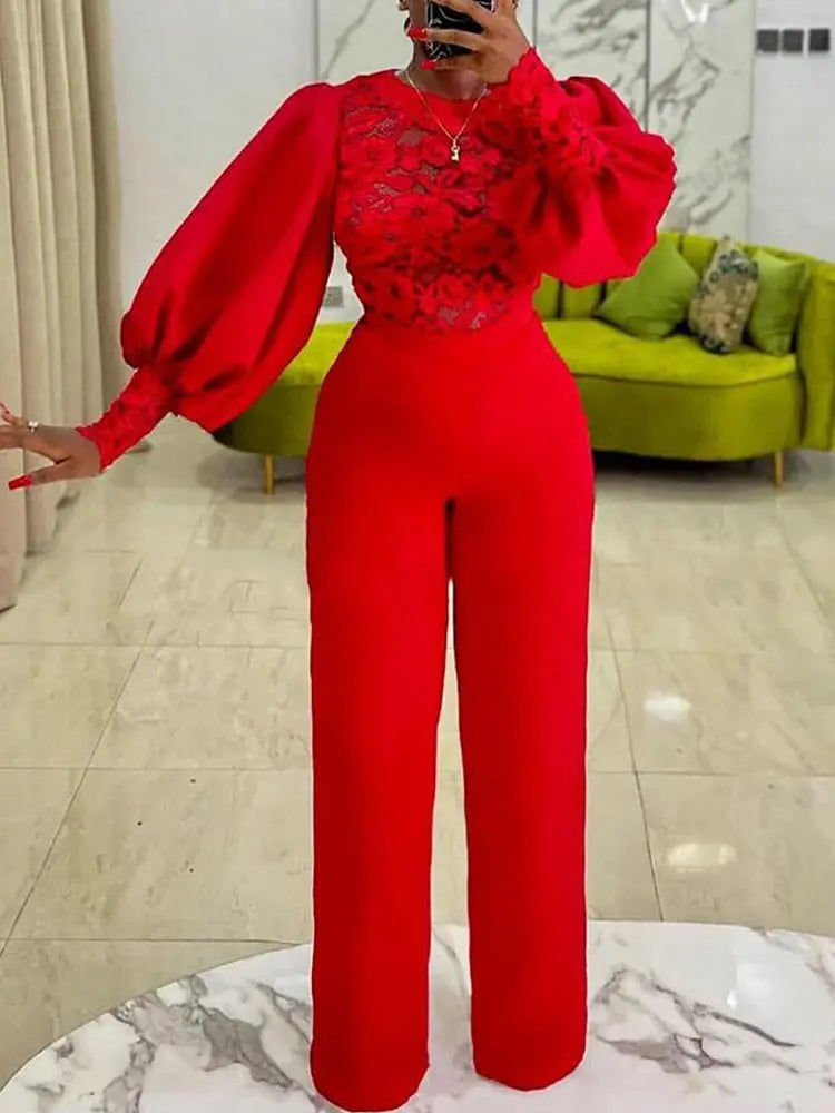 Red Lace Top High Waist Wide Leg Jumpsuit - Toshe Women's Fashions