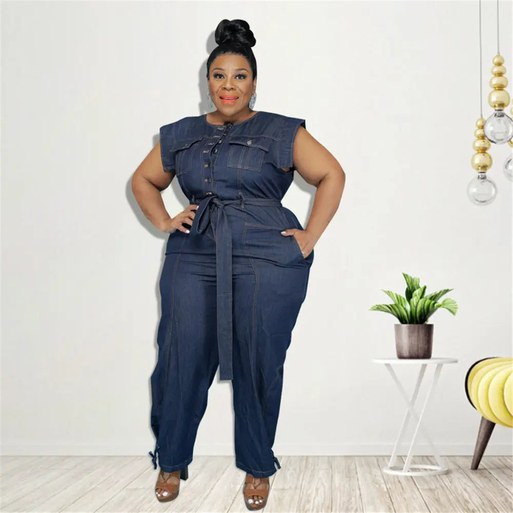 Denim Button Up Sleeveless Jumpsuit - Toshe Women's Fashions